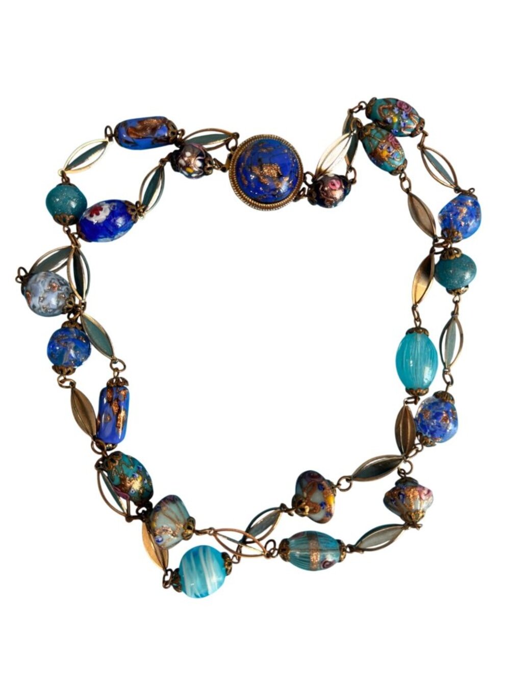 Vintage Venetian Murano Wedding Cake Glass Bead Necklace Blue Aventurine 17" - Picture 2 of 16